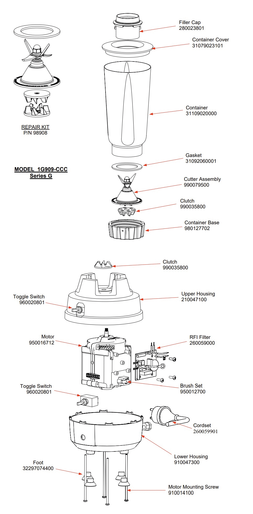 Diagram Diagram and Parts List for 1G909-CCC-G  Hamilton Beach Blender